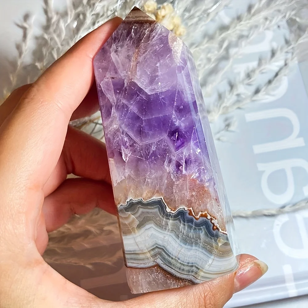 

1pc Rare Amethyst Lace Agate Crystal Tower - Bohemian Style, Natural Quartz Crystal Obelisk with Curl Patterns