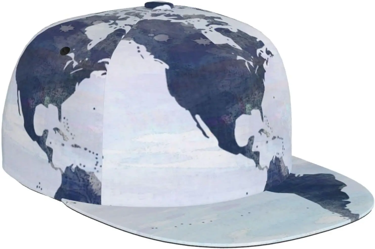 Blue White World Map Ocean Nautical Pattern Flat Bill Hat, Unisex Snapback Baseball Cap Hip Hop Style Flat Visor Blank Ad