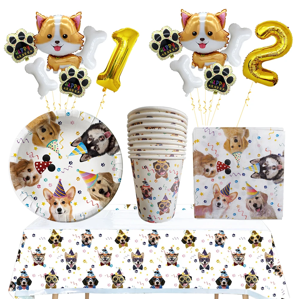 Pet Dog Party Plates Cup napkin Disposable Tableware Set puppy Dog Themed Birthday Party Decoration Banner supplies bone Balloon