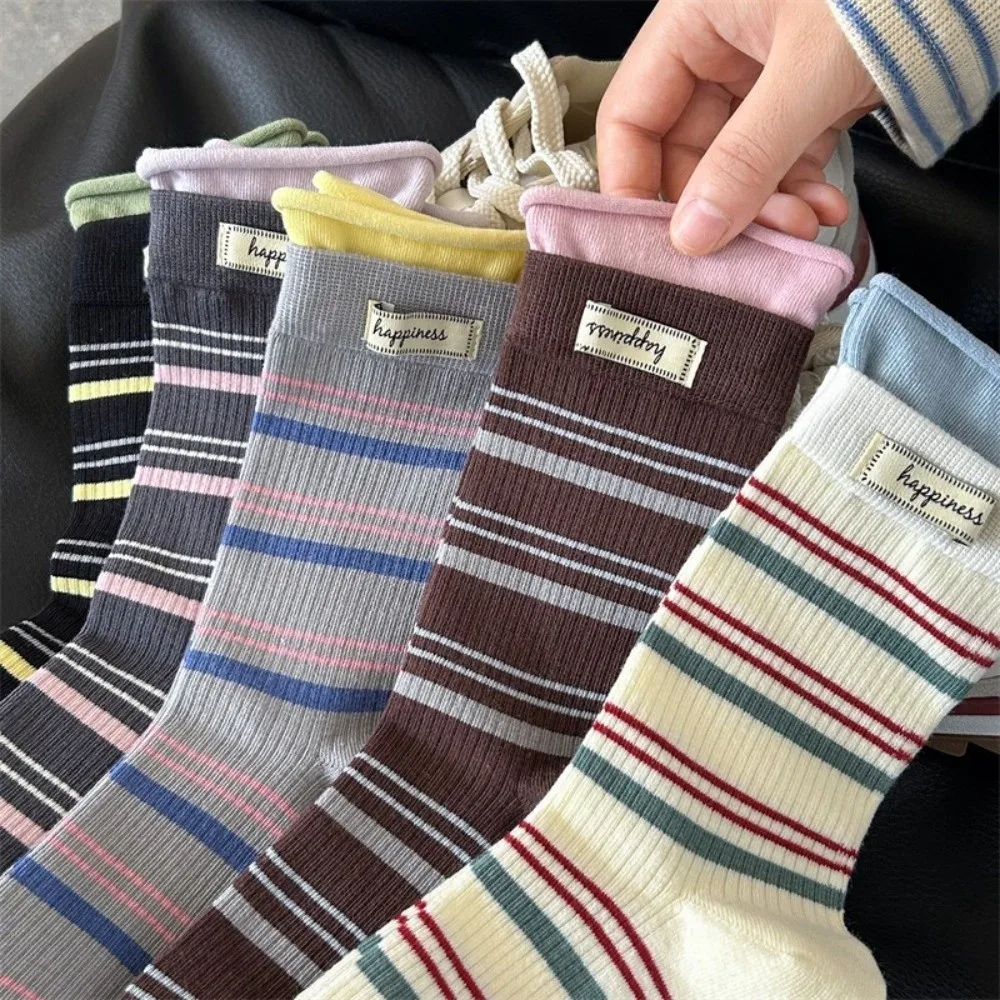 Fake Two-Piece Design Crew Socks Mid-Calf Length Soft Knit Texture Mid-Calf Socks Striped Pattern Striped Socks Casual Wear