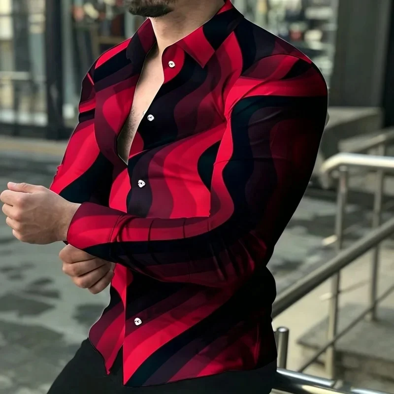 Men's Shirt Patchwork Red Rose Print Long Sleeved Shirt Slimming Business Casual Shirt Street Style Trendy Men's Clothing