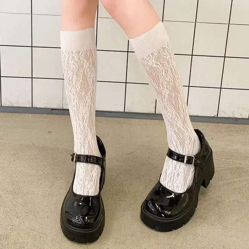 Calcetines largos con estampado de flores de encaje para mujer, lencería Sexy, malla de rejilla, calcetín Alto hasta la rodilla, medias de pantorrilla transparentes finas, Lolita Kawaii, Verano