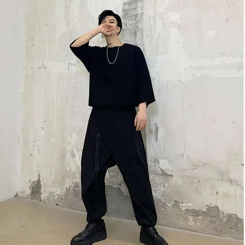 Cruz Streetwear Mascuo Splice Japão Fita Casual Homens Preto Solto Hip Hop Punk Gótico Harem Calças