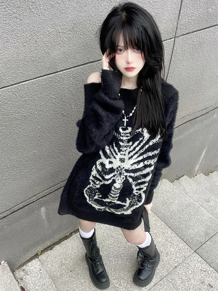 Grunge Sweater Fashion Streetwear Y2k Aesthetic Blackpullover Print Gothc Women Jumper Harajuku Loose Knitwear