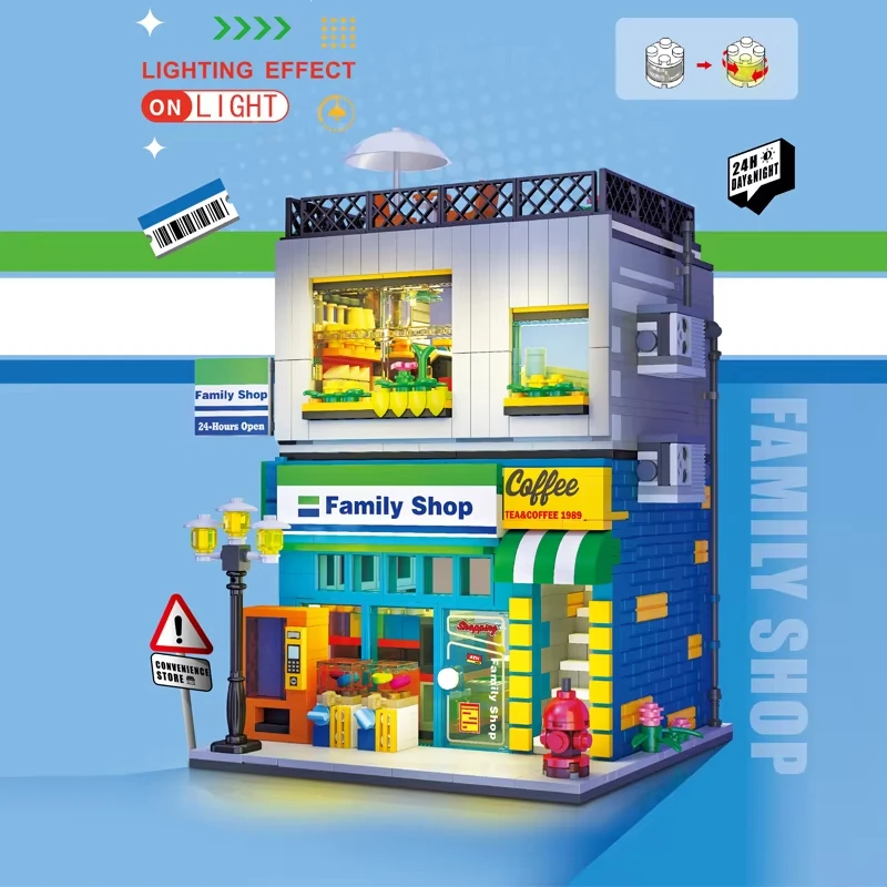 MOC 89117 Technical Street View Mini Family Shop With Light Building Blocks Bricks Assembly DIY Toys For Kids Christmas Gift Set