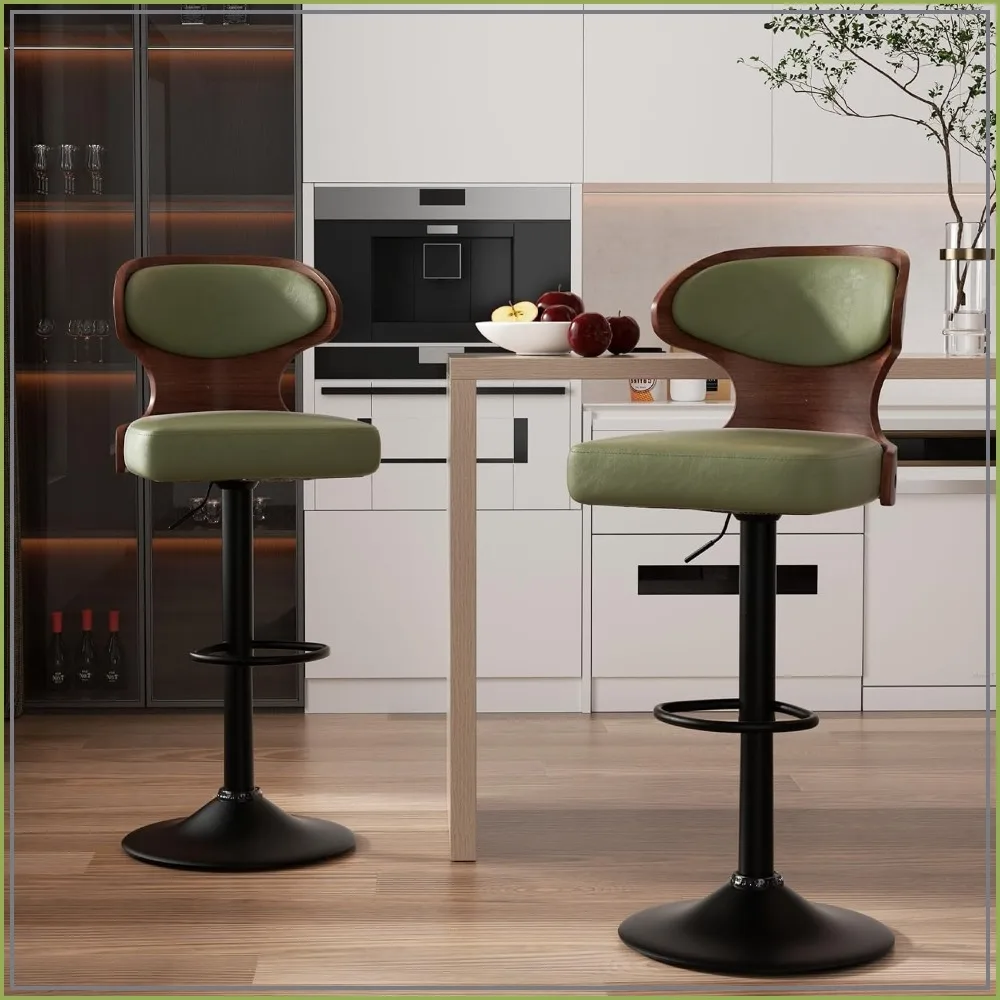 Bar Stools Set of 2, Bentwood Swivel, Adjustable Height 24.5-33.5IN, PU Leather with Back, Green