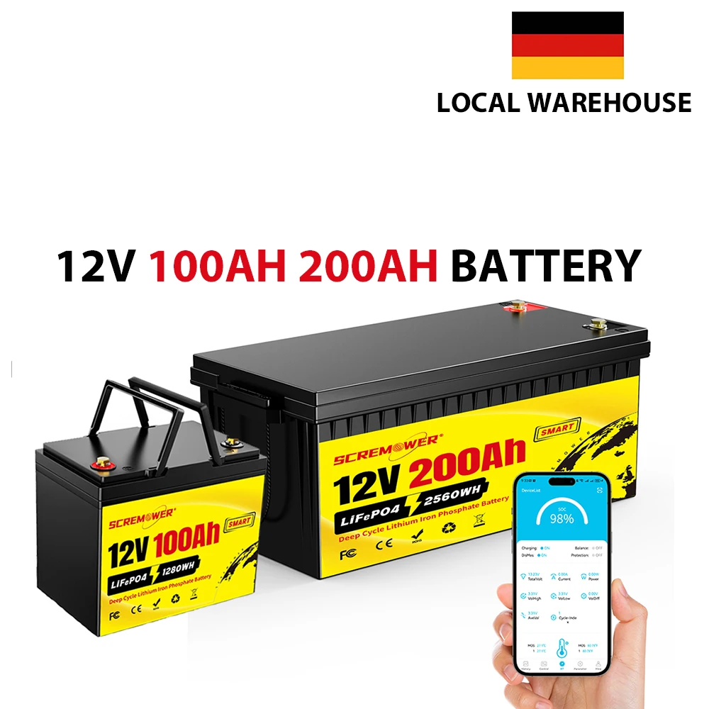 

12V 100Ah 200Ah Lithium Phosphate Battery,6000+ Cycle LiFePO4 Battery,Replacement Battery for Solar Power,RV, Marine Application