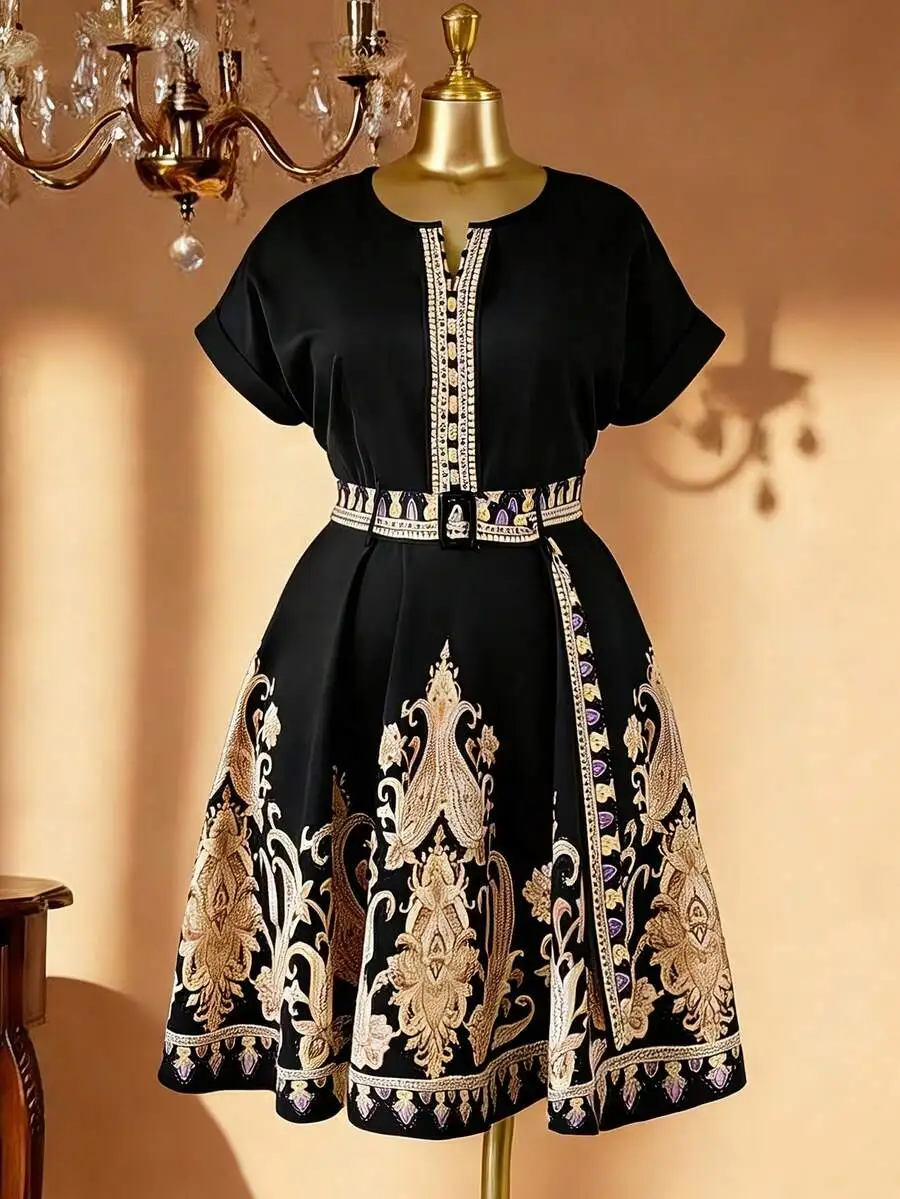 

Black Embroidered A-Line Dress With Belted Waist Short Sleeve Casual Vacation