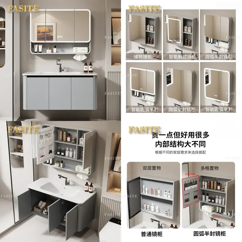 For Bathroom Ceramic Integrated Basin Vanity Cabinet with Intelligent Storage Mirror Countertop Washbasin Combo Modern Home