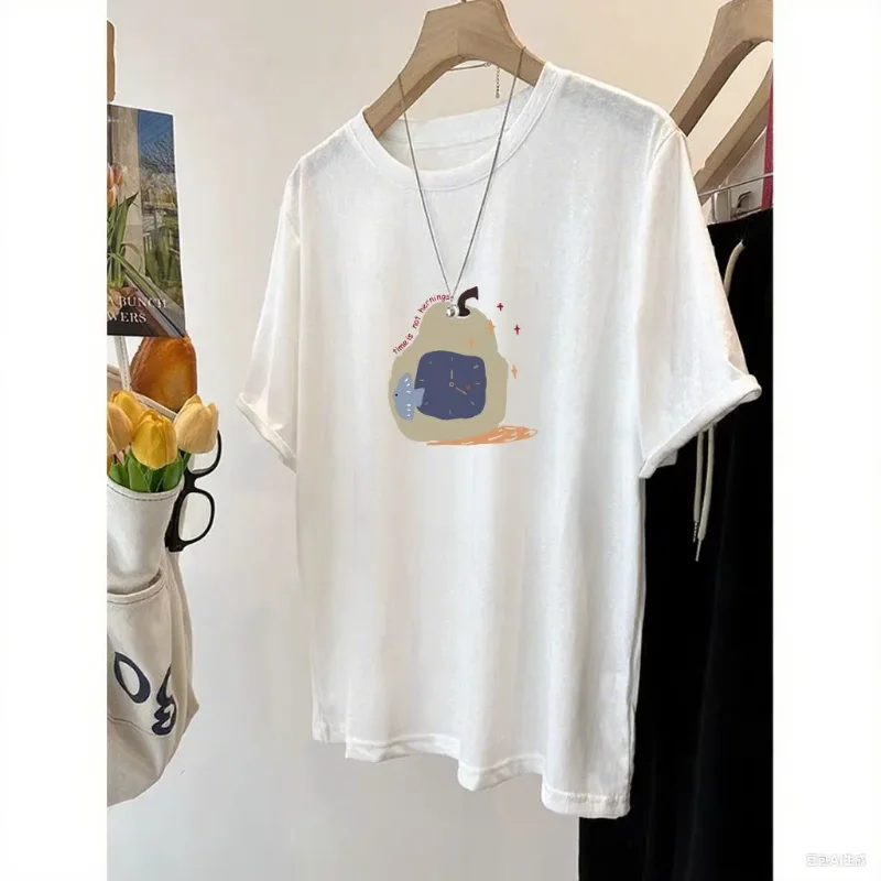 Plus Size Women Snowflake Cotton T Shirt Surreal Pear Clock Print Loose Short Sleeve Top