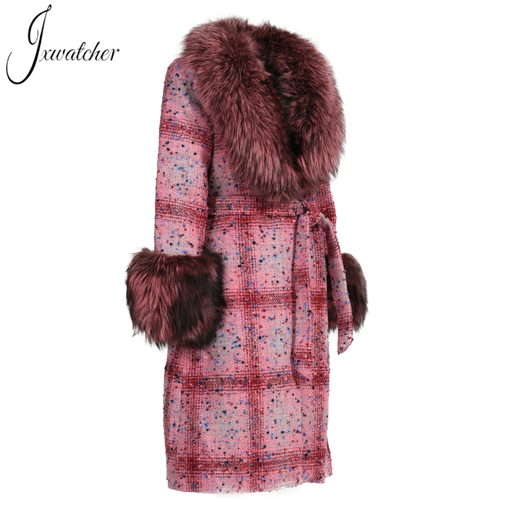 Jxwatcher Wool Coats Woman Winter 2022 New Style Red Plaid Belt Slim Long Trench Big Real Fur Collar and Cuffs Outerwear Female