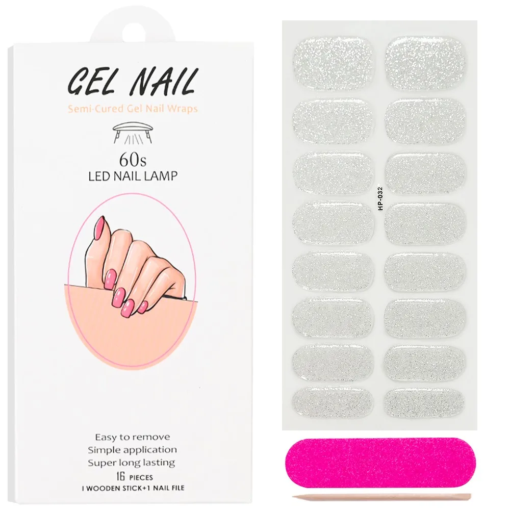 16Pcs Chic Solid Color Glitter Semi-cured Gel Nail Strip Long Lasting Full Cover Gel Nail Patch Waterproof UV LED Sticker Tools