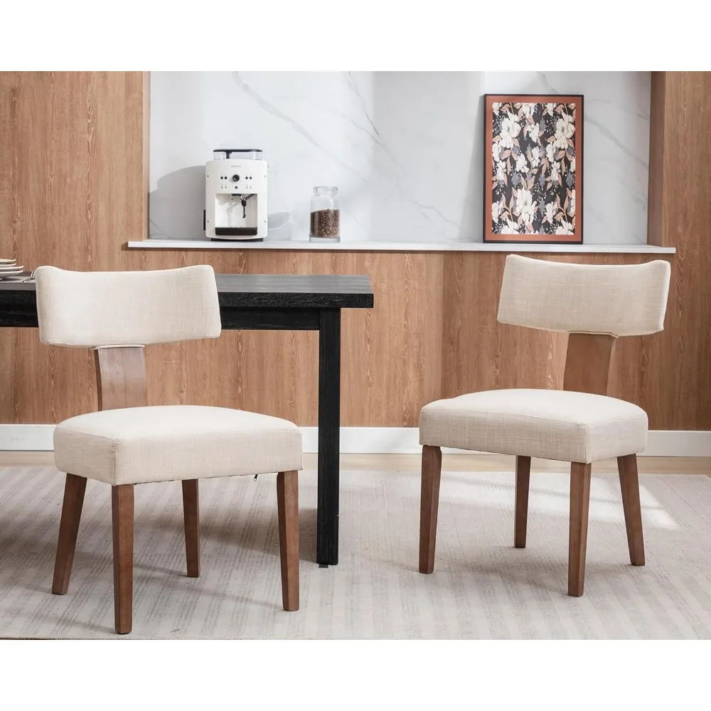 مجموعة كراسي تناول الطعام الحديثة لمنتصف القرن مكونة من 2: كتان منجد بمسند ظهر منحني وإطار من الخشب الصلب