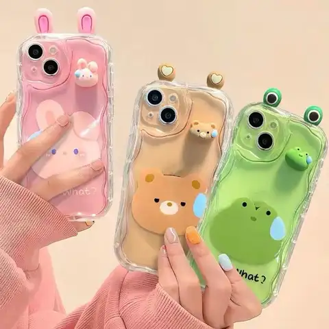 아이폰 16, 15 프로 맥스, 14, 11, 13, 12 미니, XR, 8, 7 플러스, X, XS, SE, 2020 2022, 귀여운 3D 곰 토끼, 못생긴 개구리 눈 뒷면 커버