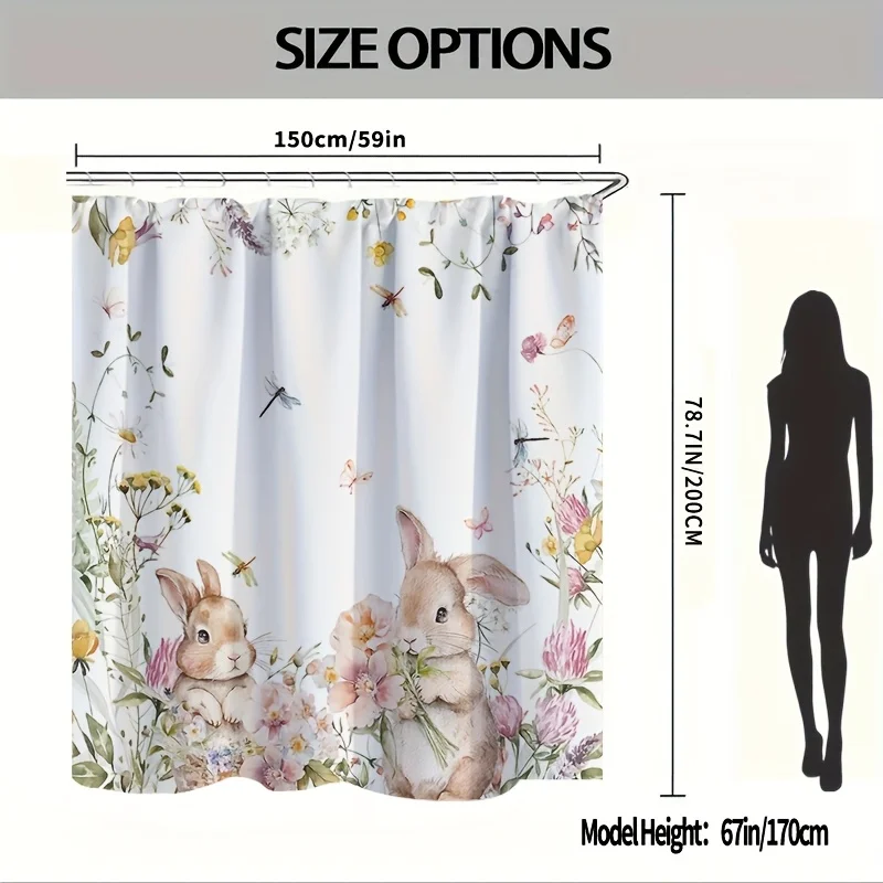VIKAMA Bunny Garden Shower Curtain Floral Dragonfly Greenery Kids' Room Bathroom Parent-Child Fresh Natural Instagram Style Deco