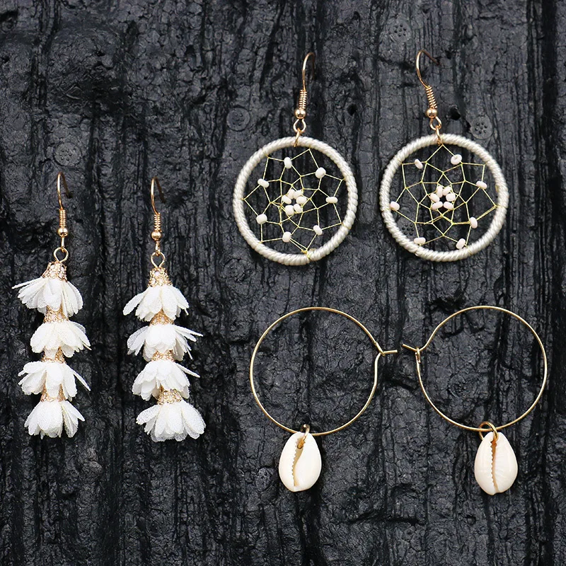 3-Piece earring set Korean version of creative personality gold shell dream catcher flower earrings accessories hot