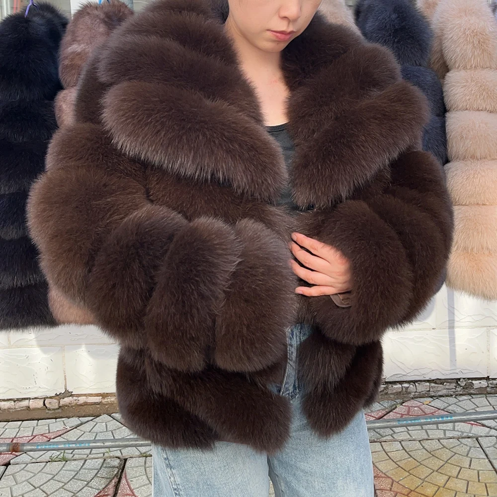 QUEENTINA Winter New Women's Real Fox Fur Coat With Collar Overcoat Leather Female Natural Plus Size