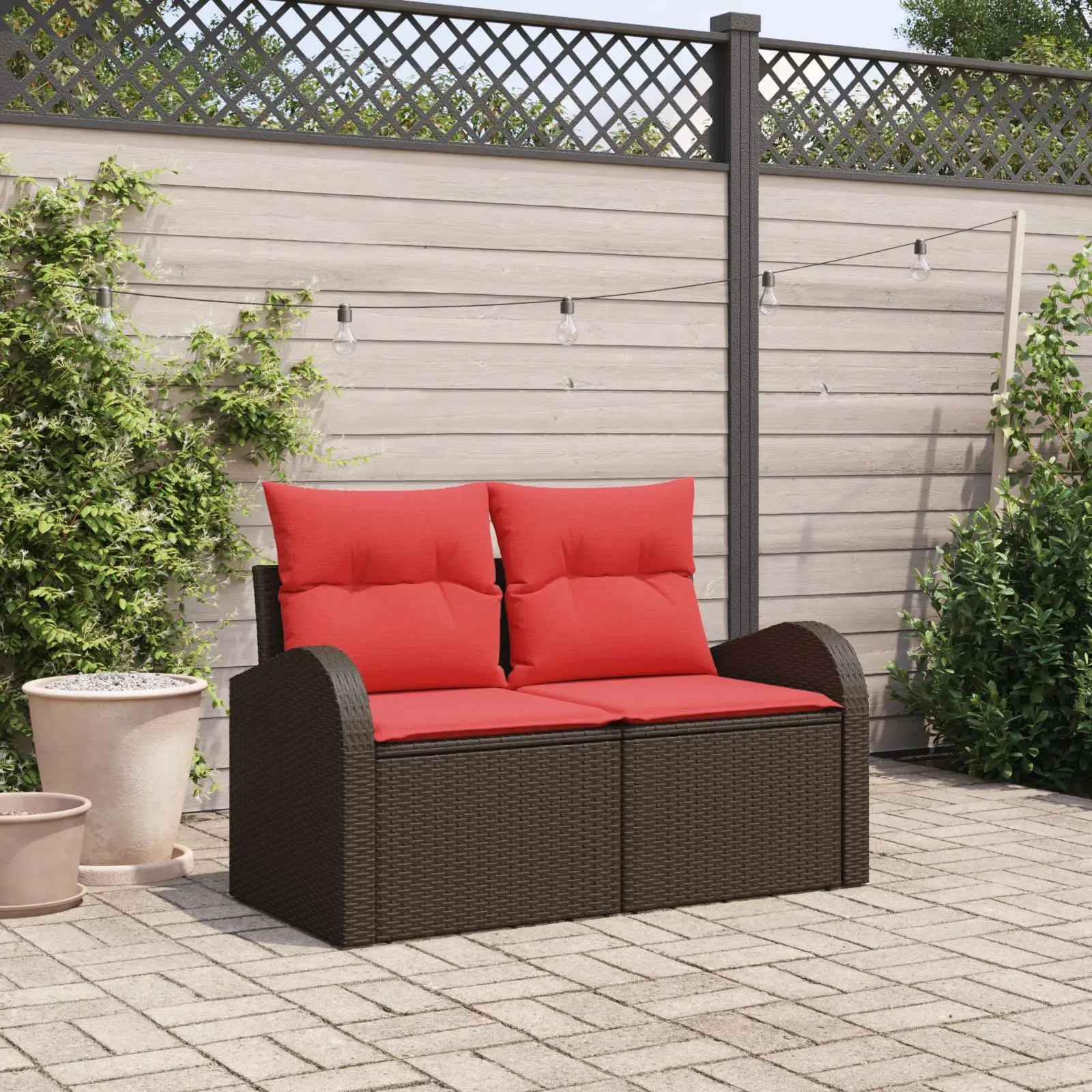 

Cozy 2 Seater Outdoor Sofa with Storage and Cushions in Brown Poly Rattan for Patio Garden Furniture
