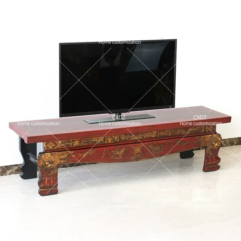 New Chinese Style Solid Wood TV Cabinet with Carved Floral Details Hand Painted Arhat Chair Retro Double Sofa Antique