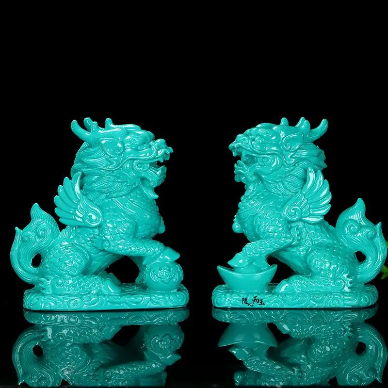 Chinese Natural Turquoise Handcarved Exquisite Kylin Statues A Pair