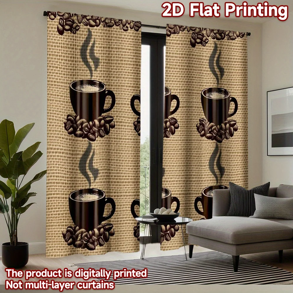 2D Flat, 2pcs Coffee Bean Curtains Espresso Cup Window Drapes Kitchen Dining Room Decor Warm Brown Tone Drape