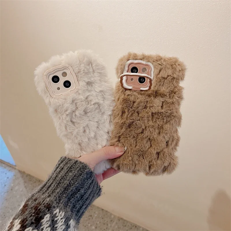 Cute Warm Winter Plush Fur Back Cover for Huawei Mate 60 Pro Mate50 40 30 Pro Plush Hair Fluff Toy Soft Stand Phone Case Cover