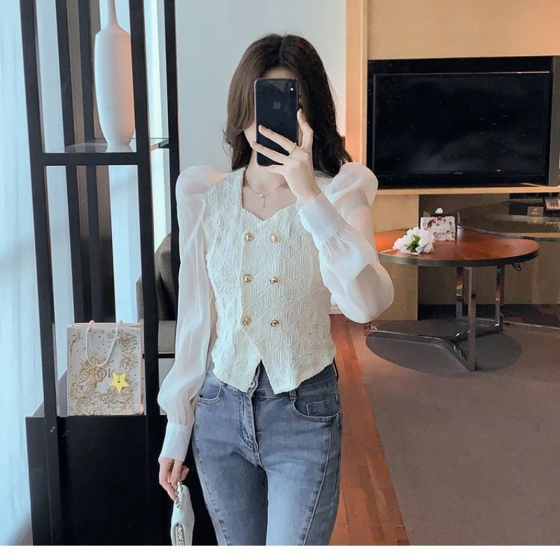 

Temperament Button Short Blouse Spring Autumn New Long Sleeve Solid All-match Elegant Shirt Tops Korean Fashion Women Clothing