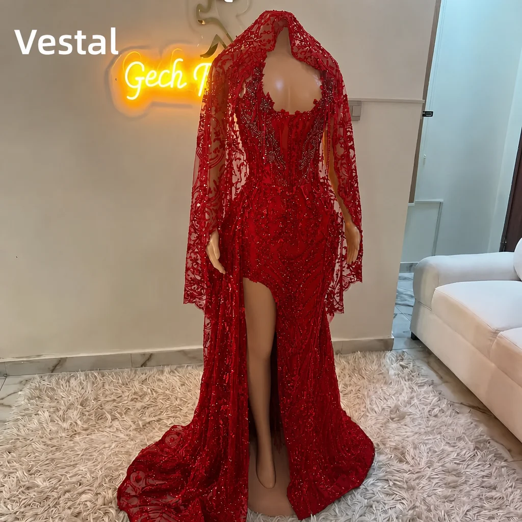 Red Diamond Veil Prom Dress 2026 Black Girls Corset High Slit Vestido De Festa Mermaid Formal Evening Party Gown Customized