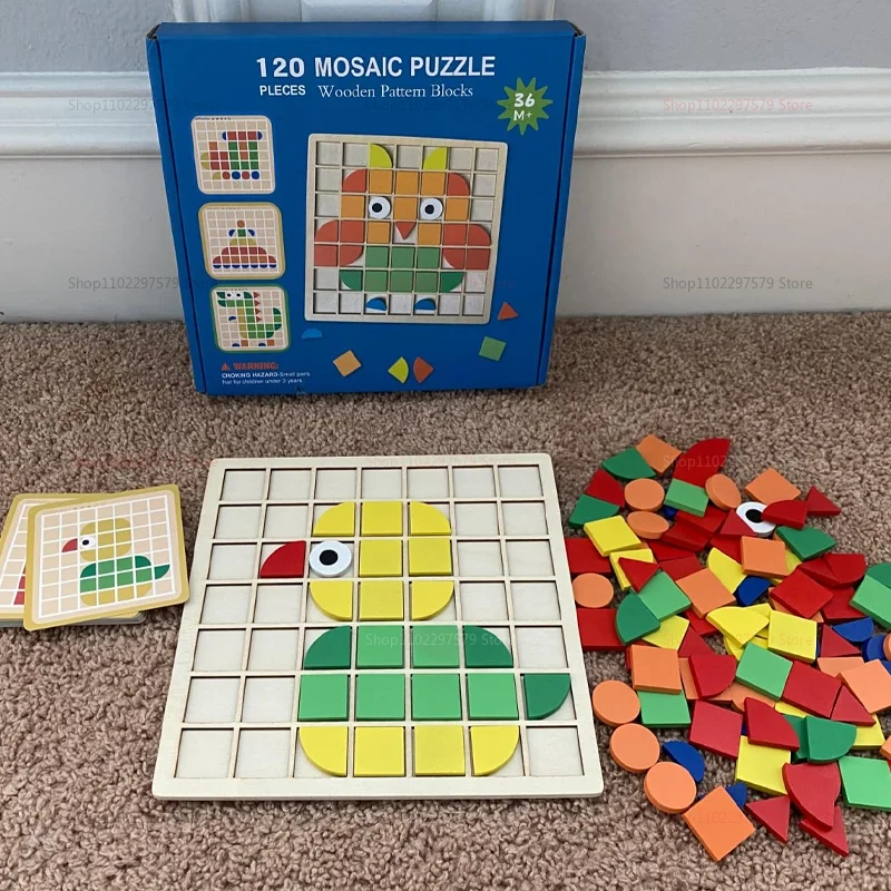 120Pcs Wooden Montessori Mosaic Puzzle Set for Kids 3D Geometric Shape Jigsaw Educational Toy for Early Learning and Development
