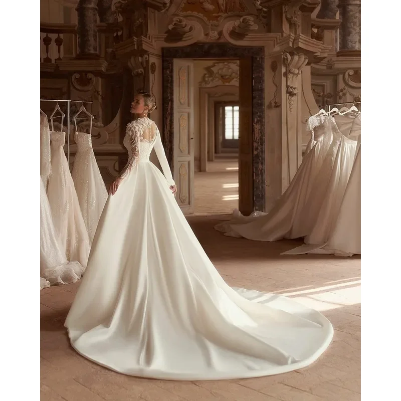 2025 Abiti da sposa a sirena di lusso a maniche lunghe Illusion Brides Abito da sposa Paillettes Fiore 3D Abito da sposa da donna Customizd