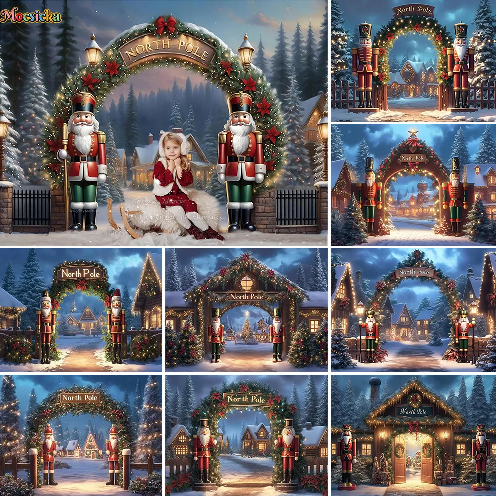 

Nutcracker Soldier Christmas Backdrop Photography North Pole Town Snowy Night Light Backdrop Xmas Tree Decor Outdoor Studio Prop