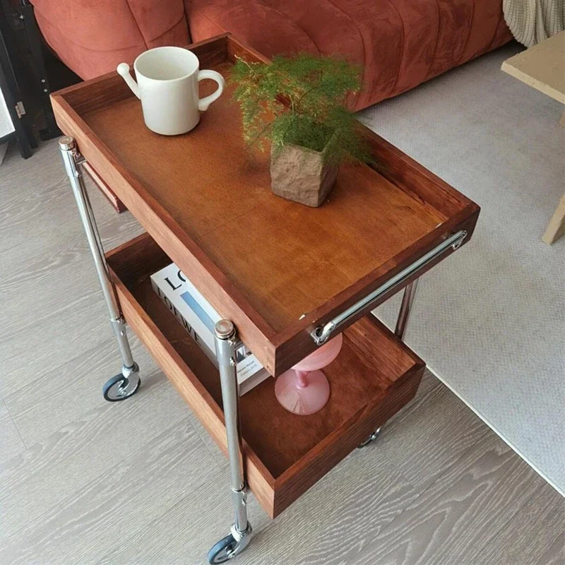 Medieval stainless steel cherry wood color large storage mobile snack rack bedside table tea exploration cart