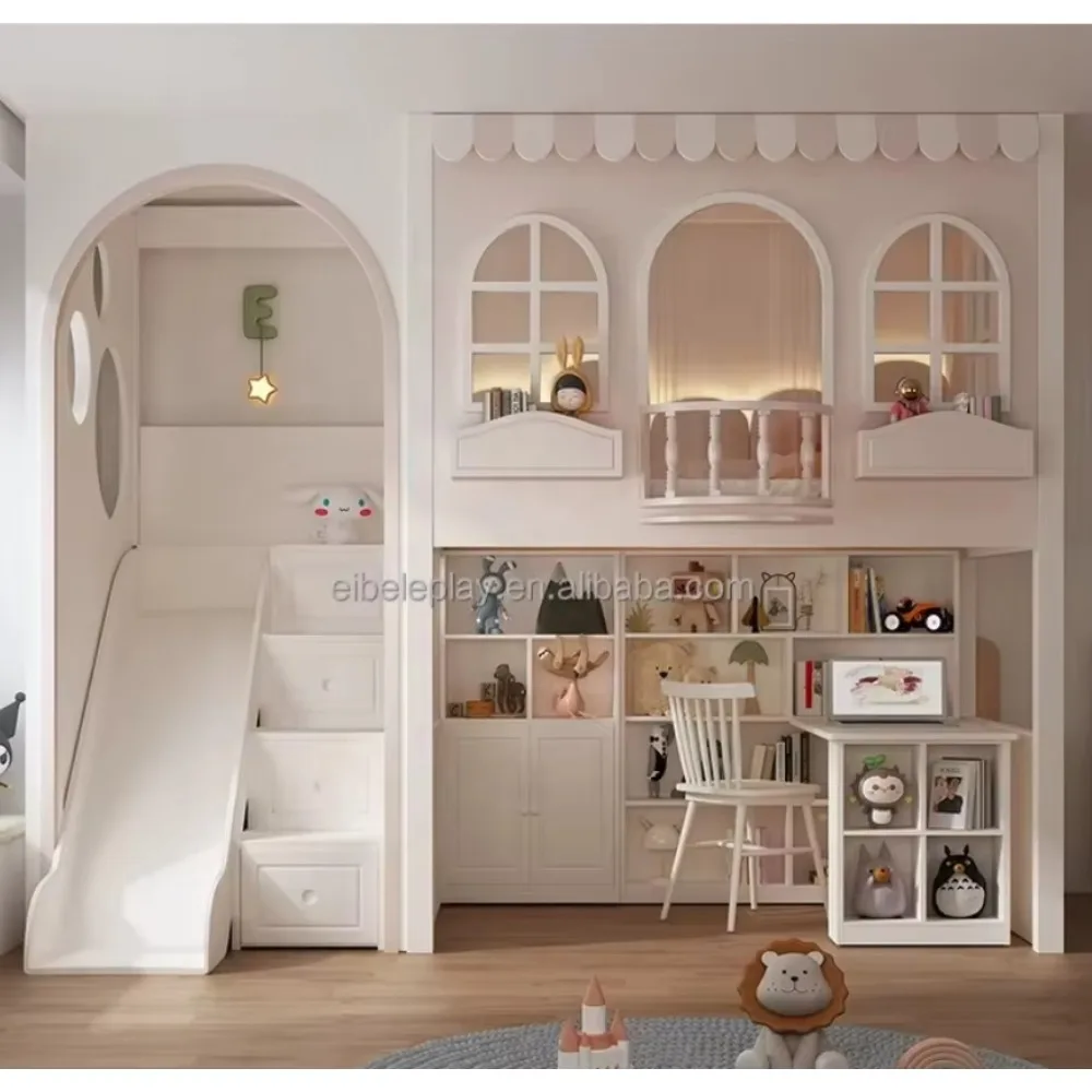 غرفة نوم الأطفال، سرير خشبي رائع بطابقين مع مكتب أسفل وخزانة تخزين الكتب لغرفة الأطفال