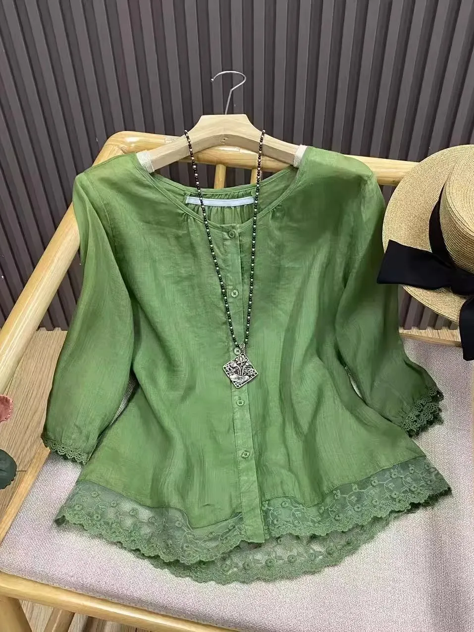 

High-End Embroidered Linen irt Ladies Summer Vintage Lace Patchwork d Open Cardigan Top Heavyweight Svel round Ne