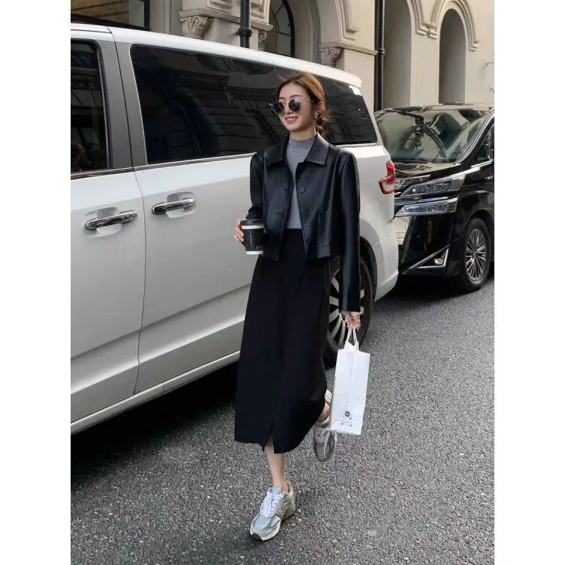 Faionable ort Leather Jaet Dames Sli Casual Retro 2024 Nieuw Model China Made Lange Sve Kraag PU-leer