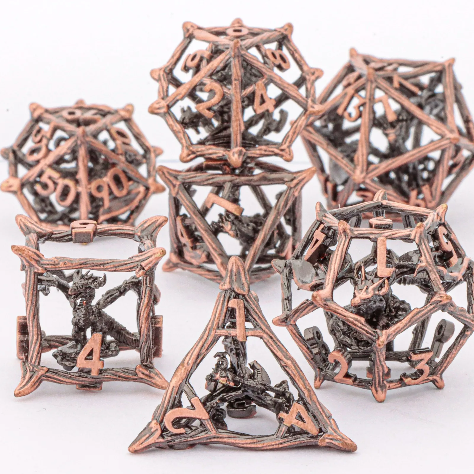 DnD metal red copper three-dimensional metal dragon dice set, Metal d&d dice for dungeons and dragons, Board games dice set