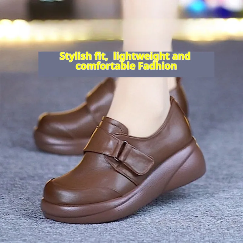 Large Soft Bottom Muffin Slope Women\'S Shoes Round Head Single Shoes Leather Shoes