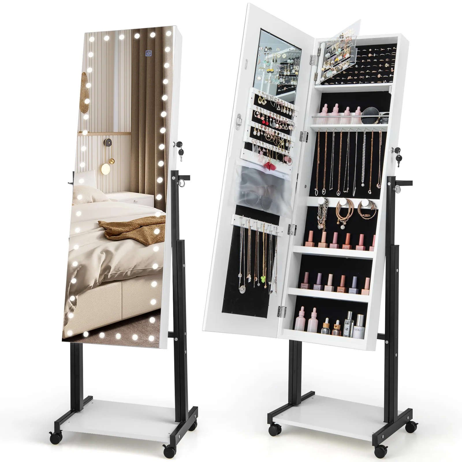 3-Color 46 LED Lights Mirror Jewelry Cabinet Armoire Adjustable Height w/ Wheels