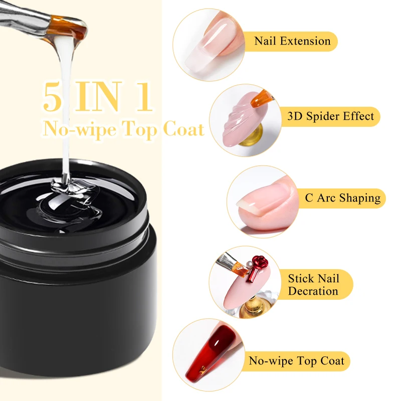 FOUR LILY 5-IN-1 Gel Nail Polish Top Coat- No Wipe Top Coat High Gloss Shiny Long Lasting Top Gel for Clear Nail Acrylic Nails