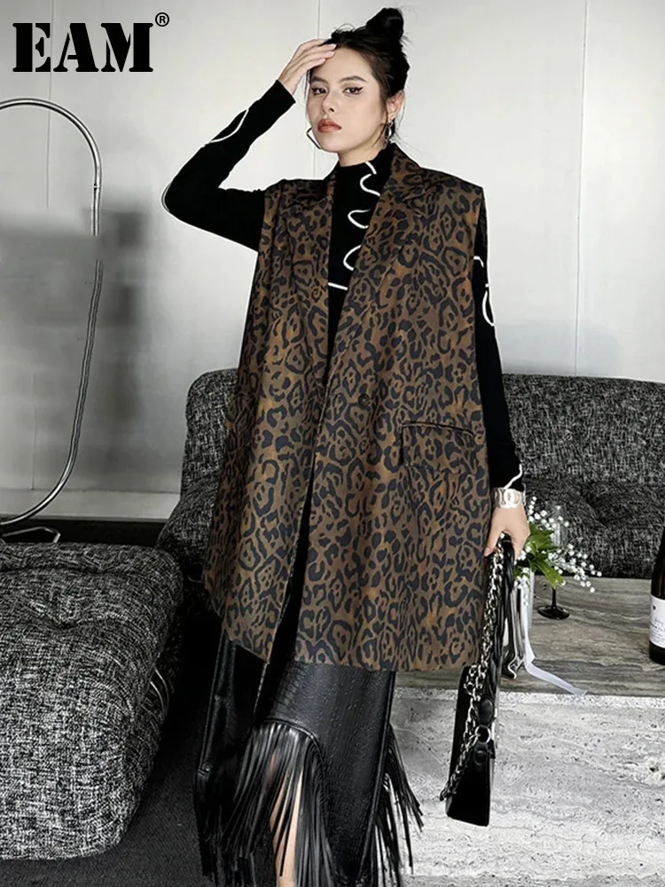 [EAM] Women Leopard Printed Vintage Big Size Long Casual Vest New Lapel Sleeveless Fashion Tide Spring Autumn 2024 1DH6283