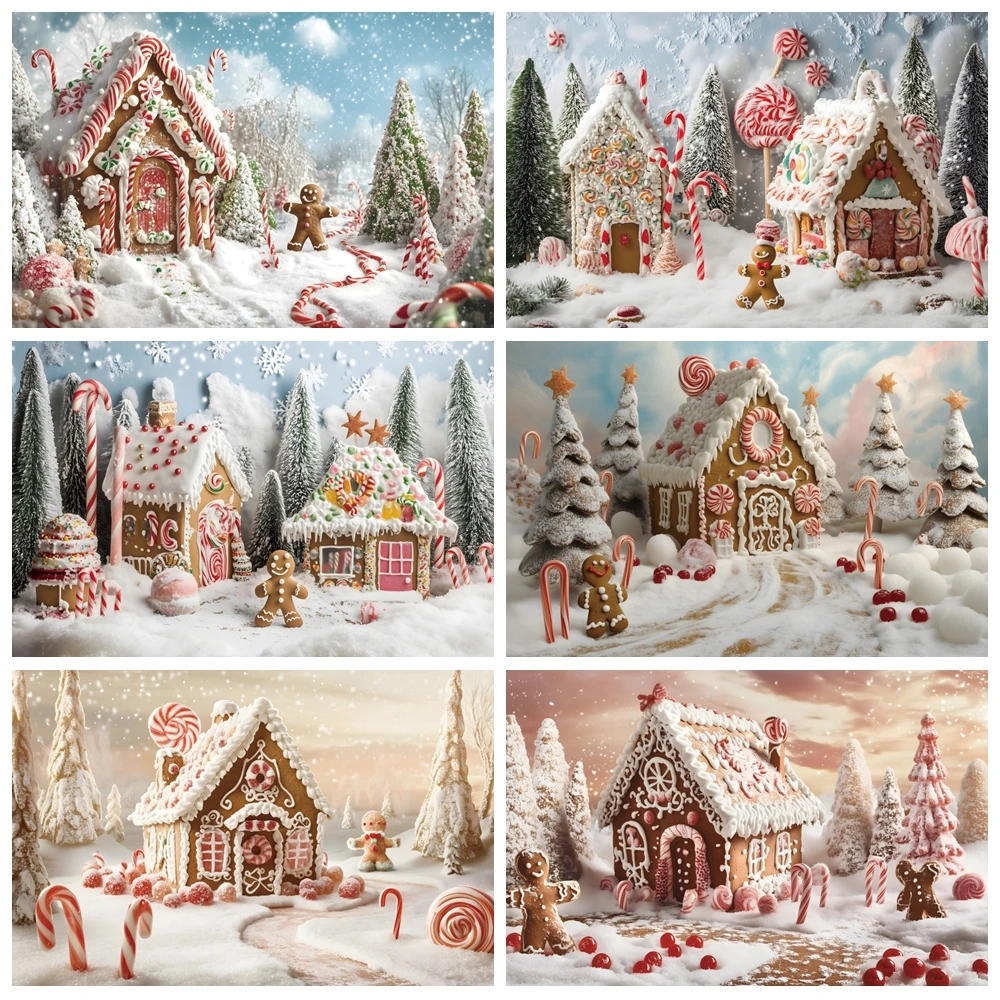 

Christmas Backdrop Winter Snowy Xmas Tree Gingerbread House Candy House Kids Portrait Photography Background Decor Photo Studio