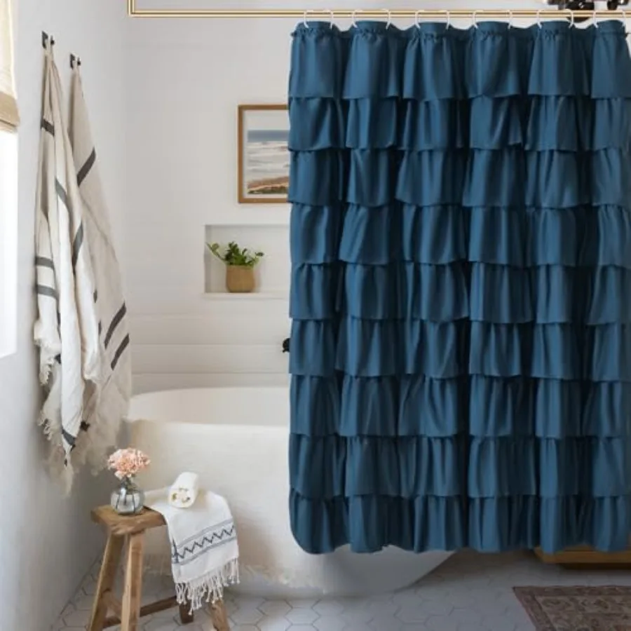 

Синяя шторка для душа с рюшами в стиле бохо, винтажная, из темно-синей ткани, элегантная, в стиле шебби-шик, коттеджкор, декоративная