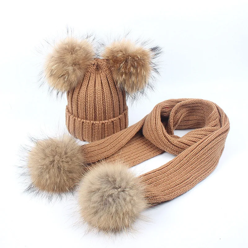 Knitted hat set Kids scarf two-piece set outdoor cold warm Cute accessory hairball thickened set Child Winter