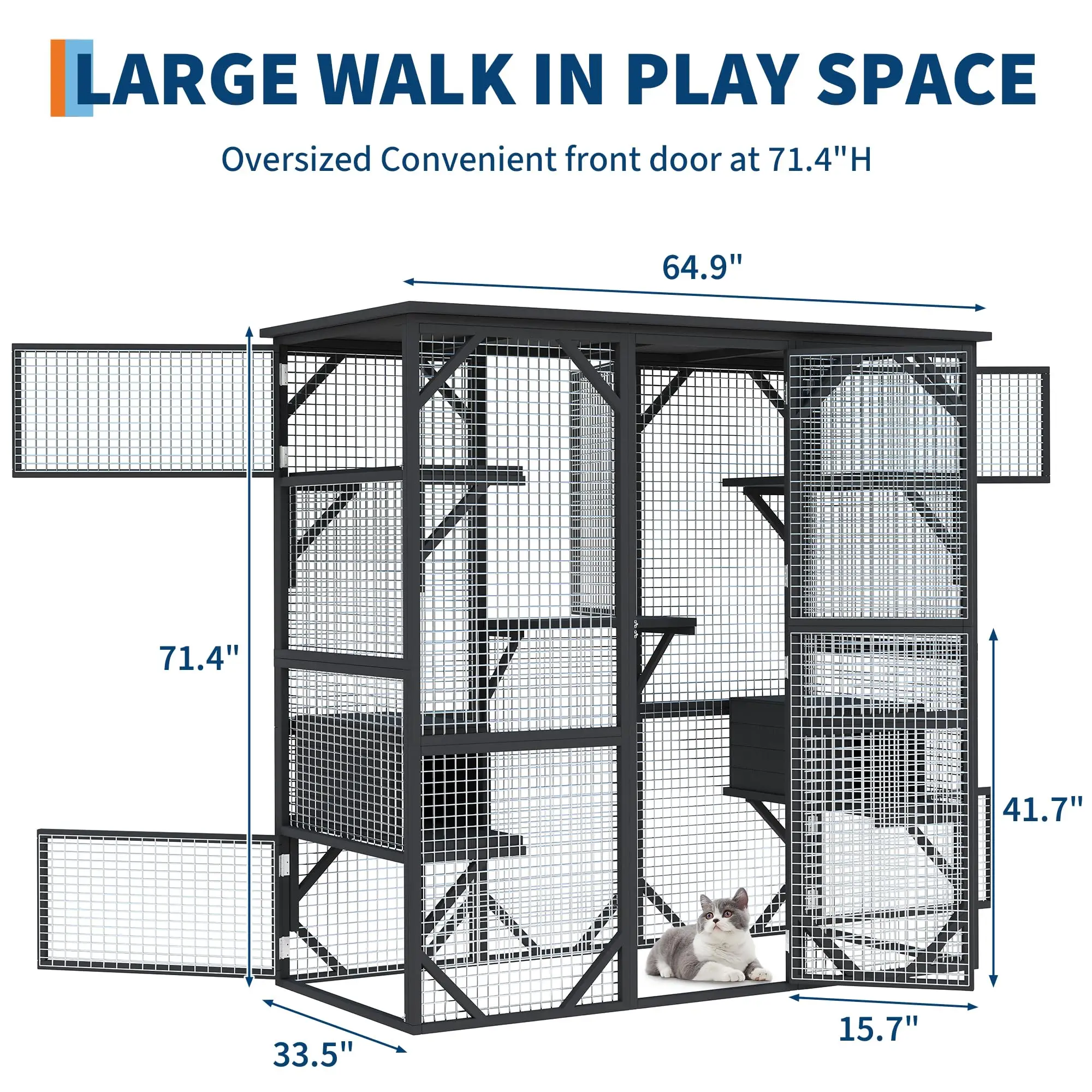 Catio Outdoor Window Cat Enclosure, Walk-in Cat Cage, Extra Large Wood Catio with Detachable Window Panels, 70