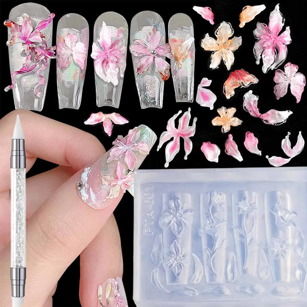 

2Pcs 3D Lily Flowers Silicone Nail Mold with Carving Pen Cherry Blossom Floral Petal Manicure Template Plate Nail Art Stencil
