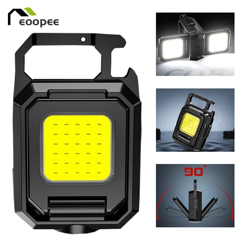 Mini Keychain Light Multifunctional Camping Flashlight Portable Bright 90° Foldable Side Light USB Rechargeable