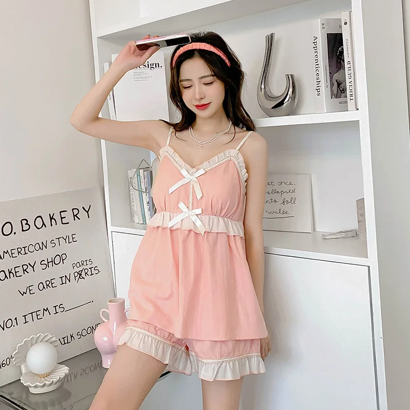 

Summer Women Cotton Sleeveless Sweet Pajamas Lady Two Piece Set Homewear Female Loose Casual Nightwear Sleepwear