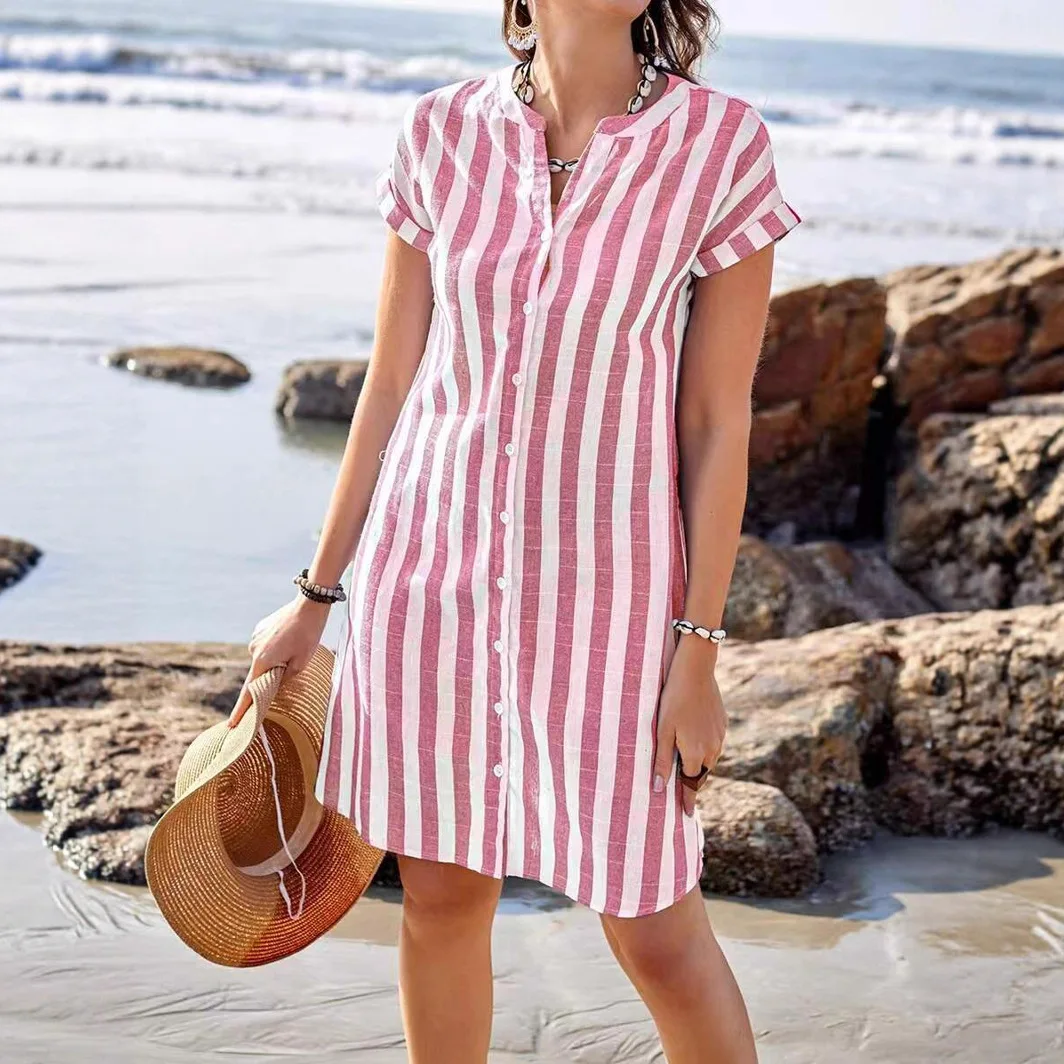 Damska letnia sukienka koszulowa z jednym rzędem guzików, krótka, luźna, codzienna, z temperamentem, w paski, mini sukienka koszulowa, vestido.