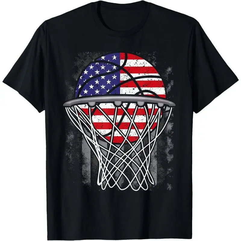 

Distressed American Flag T-shirt, Vintage Basketball Hoop Graphic Tee, USA Patriotic Sports Lover Gift, Casual Unisex Top