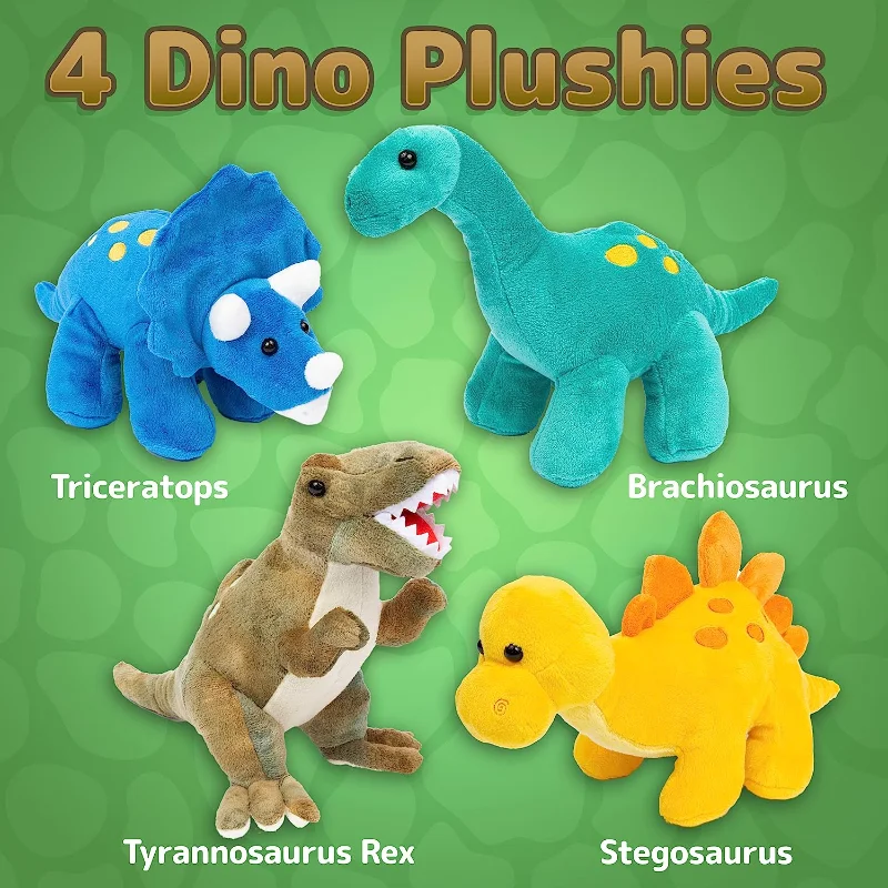 Prextex Plush Dinosaurs 4 Pack 10'' Long Great Gift for Kids Stuffed Animals Assortment Great Set for Kids